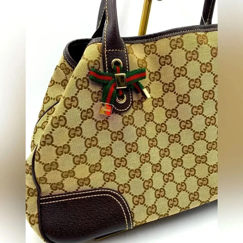Auth GUCCI GG Monogram Tan Brown Canvas Leather Princey Shoulder 2way Handbag